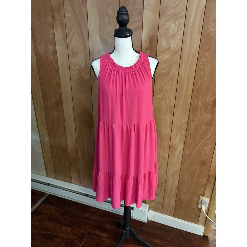 Loft Womens Hot Pink Ruffle Neck Tiered Sleeveless‎ Swing Dress Medium 512724